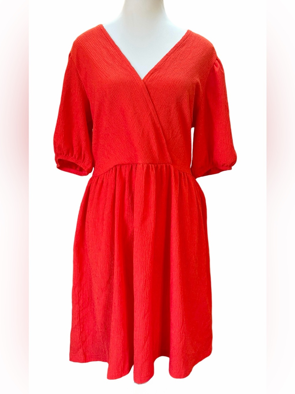 NWT Pieces Orange Textured Wrap Style Puff Sleeve Mini Dress M